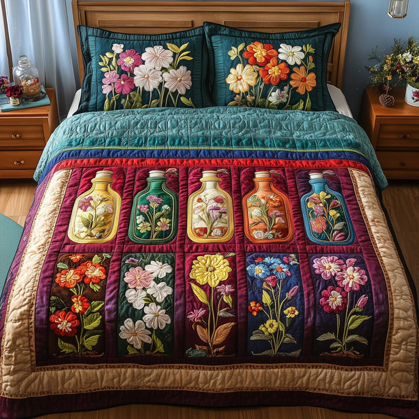 Vintage Floral Bottle quilted 3-piece bedding set on a made bed in a farmhouse bedroom