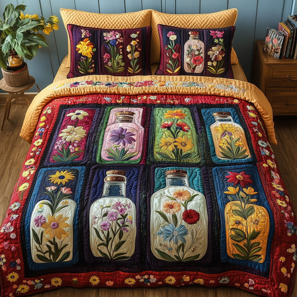 Vintage Floral Bottle quilted 3-piece bedding set on a made bed in a farmhouse bedroom