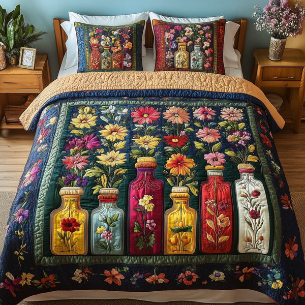 Vintage Floral Bottle quilted 3-piece bedding set on a made bed in a farmhouse bedroom