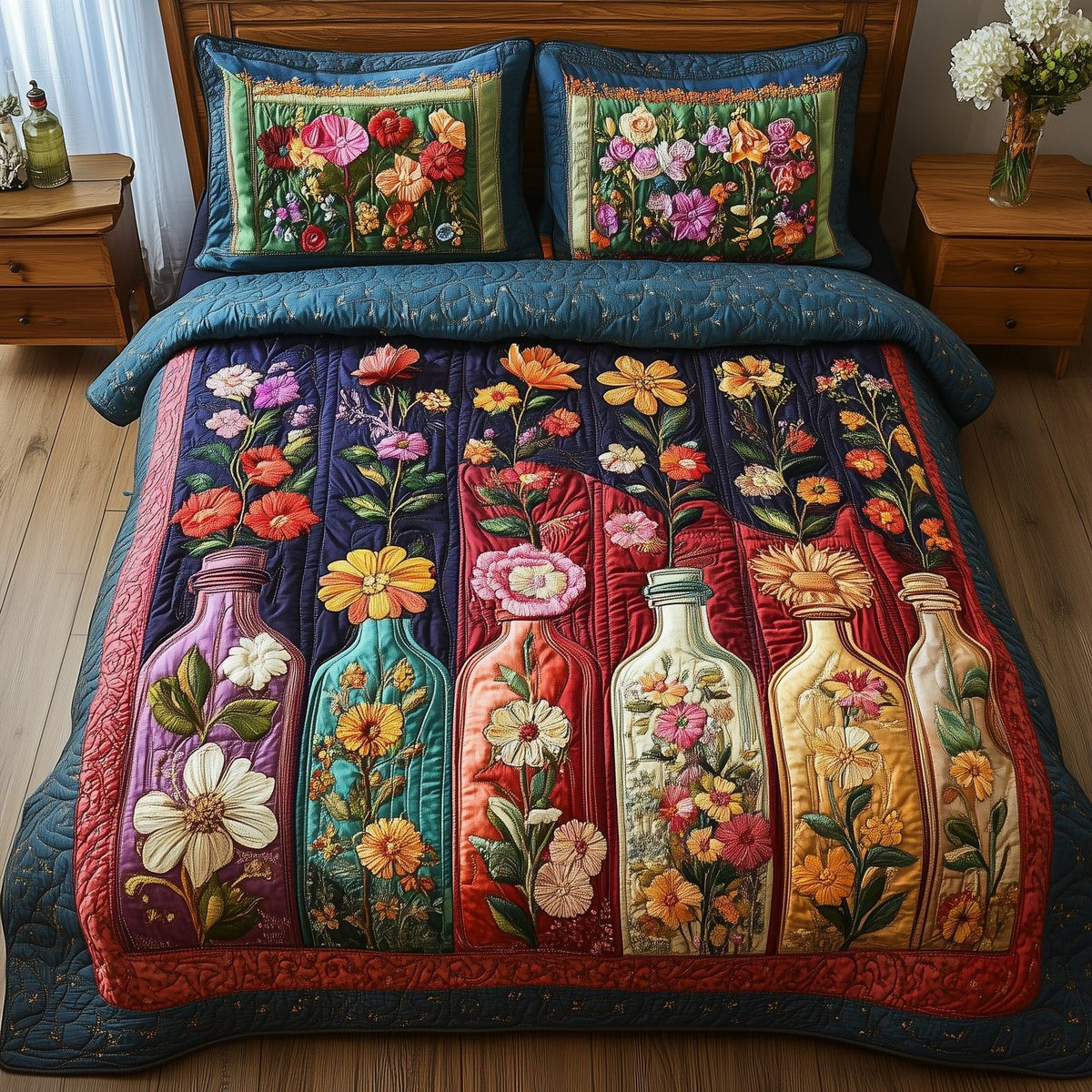 Vintage Floral Bottle quilted 3-piece bedding set on a made bed in a farmhouse bedroom