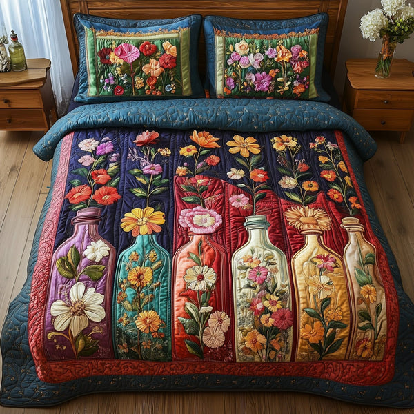 Vintage Floral Bottle quilted 3-piece bedding set on a made bed in a farmhouse bedroom