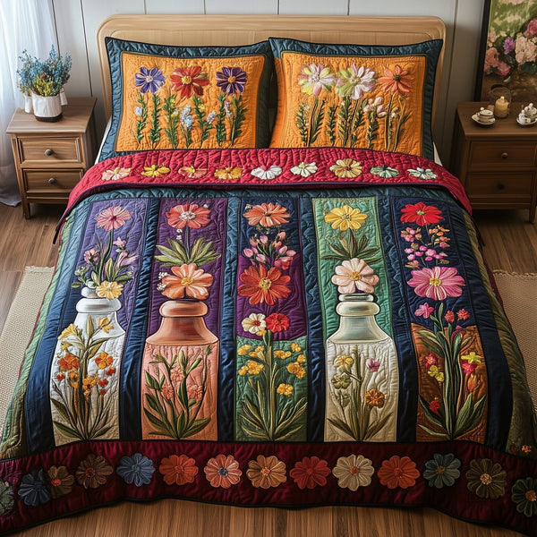 Vintage Floral Bottle quilted 3-piece bedding set on a made bed in a farmhouse bedroom
