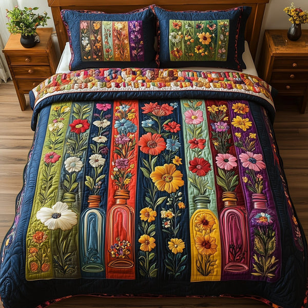 Vintage Floral Bottle quilted 3-piece bedding set on a made bed in a farmhouse bedroom