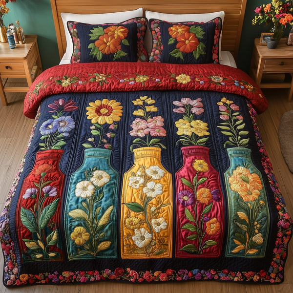 Vintage Floral Bottle quilted 3-piece bedding set on a made bed in a farmhouse bedroom