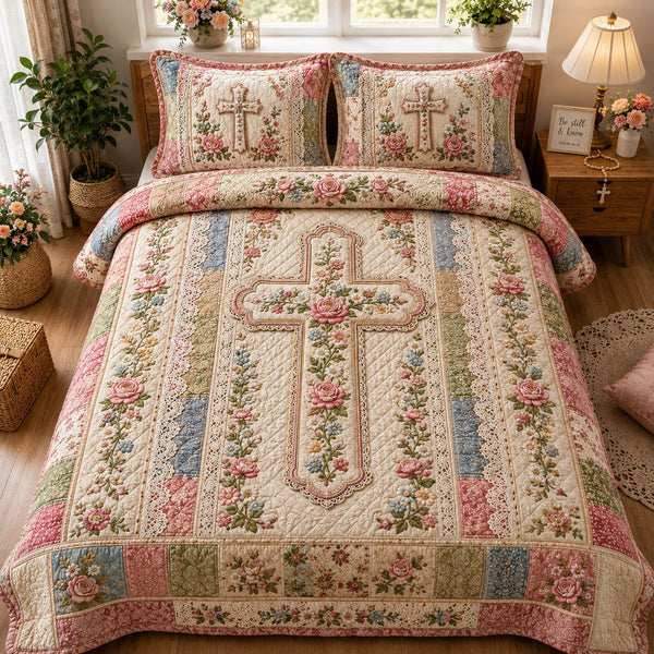 Vintage Floral Lace Cross Christian quilted 3-piece bedding set on a made bed in a softly lit bedroom
