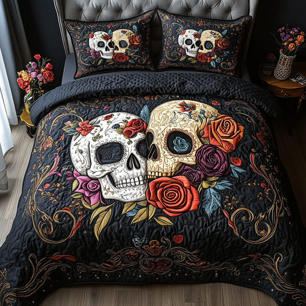 Vintage-Floral-Skull-Couple-3-Piece-Quilted-Bedding-Set - Design 1 quilted 3-piece bedding set on a made bed against a dark styled interior