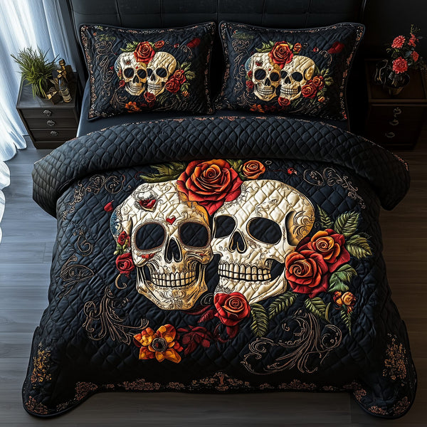 Vintage-Floral-Skull-Couple-3-Piece-Quilted-Bedding-Set - Design 2 quilted 3-piece bedding set on a made bed against a dark styled interior