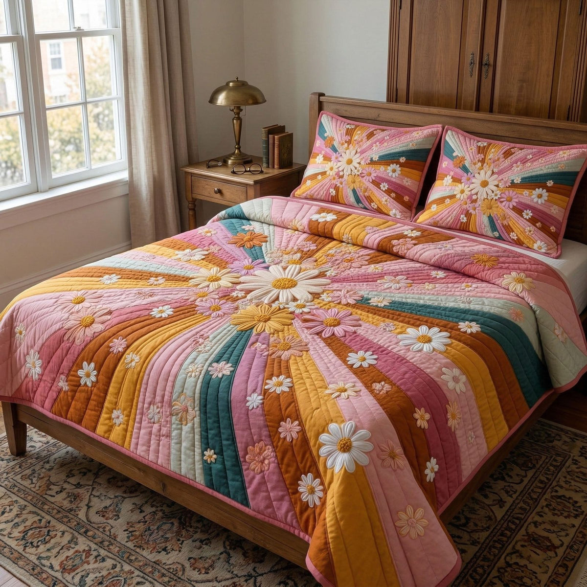 Vintage Flower Burst quilted 3-piece bedding set on a made bed in a farmhouse bedroom