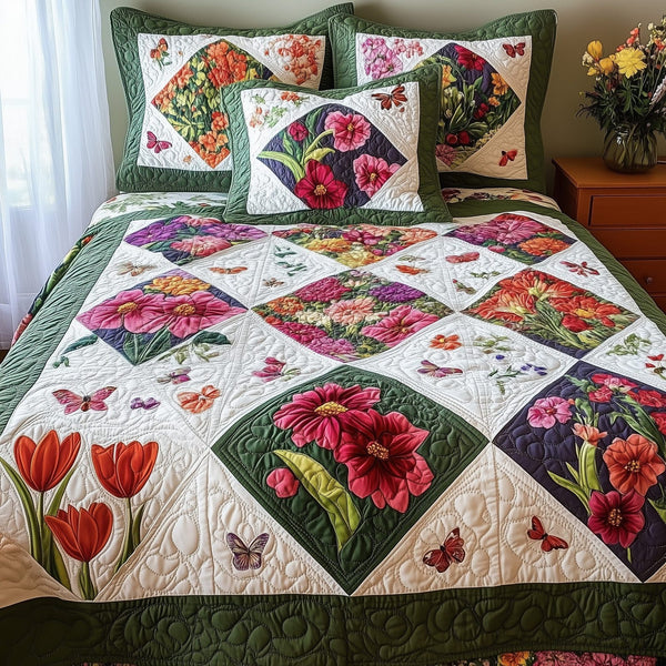 Vintage Flower Patchwork quilted 3-piece bedding set on a made bed in a farmhouse bedroom