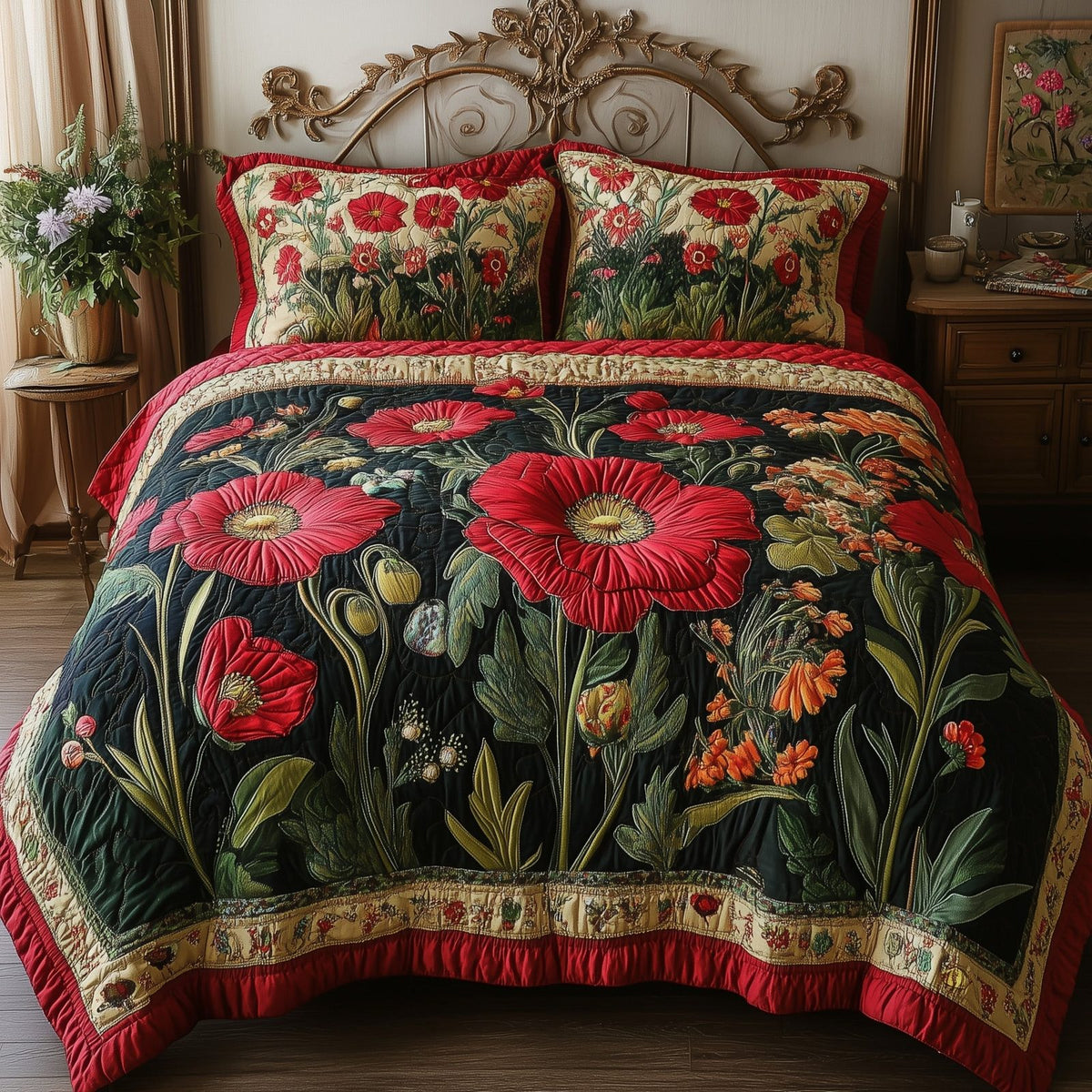 Vintage Flowers quilted 3-piece bedding set on a made bed in a farmhouse bedroom