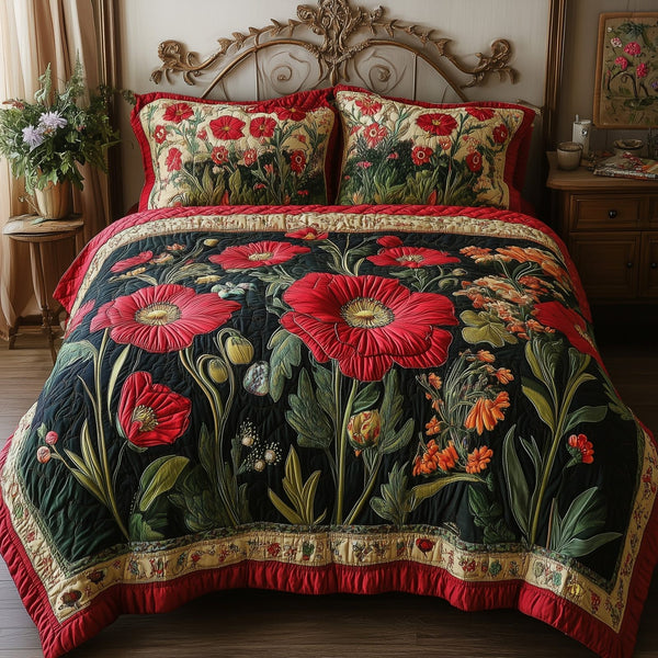 Vintage Flowers quilted 3-piece bedding set on a made bed in a farmhouse bedroom