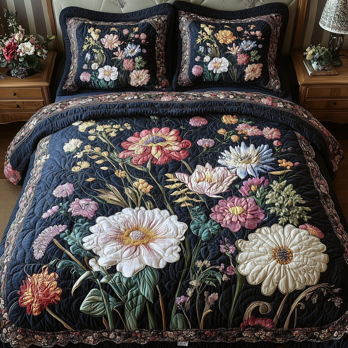 Vintage Flowers quilted 3-piece bedding set on a made bed in a farmhouse bedroom