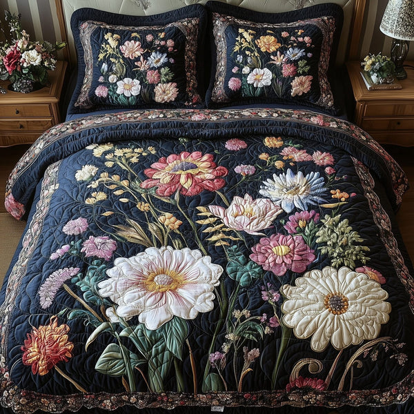 Vintage Flowers quilted 3-piece bedding set on a made bed in a farmhouse bedroom