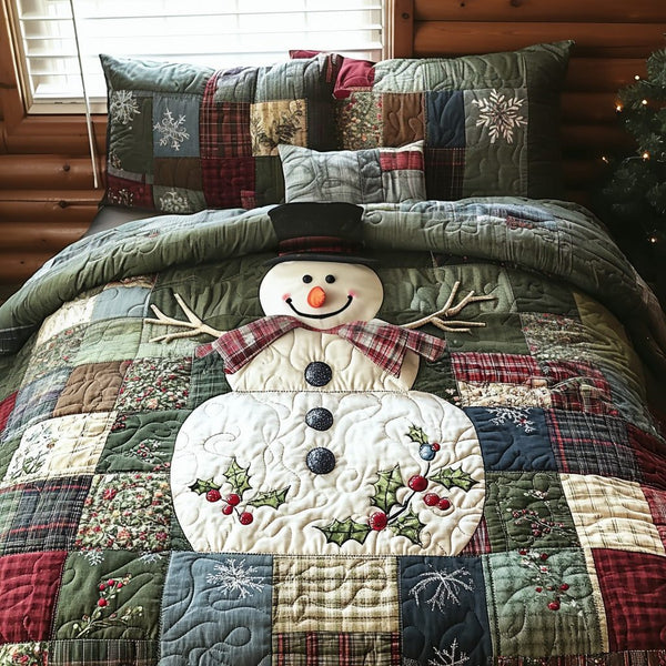Vintage Frostfall quilted 3-piece bedding set on a made bed in a winter-styled bedroom