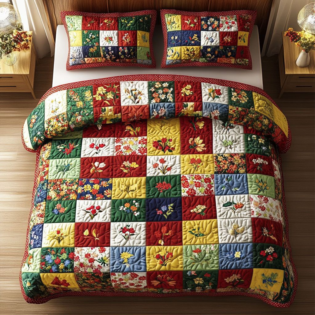 Vintage Garden quilted 3-piece bedding set on a made bed in a farmhouse bedroom