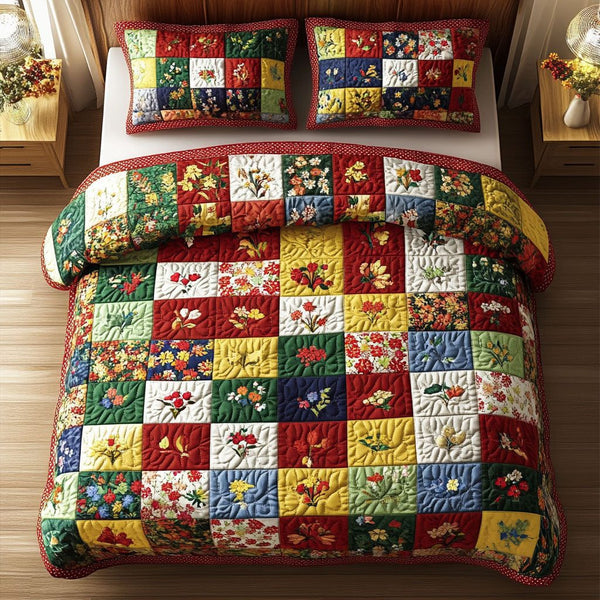 Vintage Garden quilted 3-piece bedding set on a made bed in a farmhouse bedroom