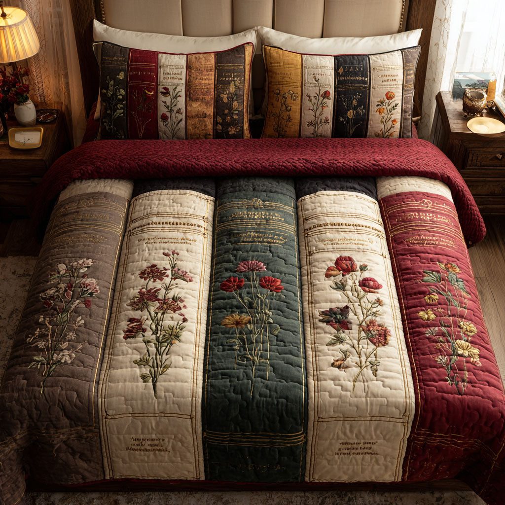 Vintage Garden quilted 3-piece bedding set on a made bed in a farmhouse bedroom