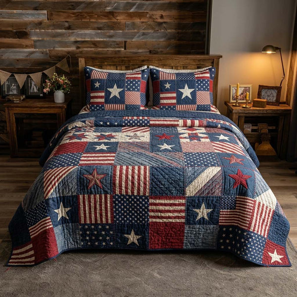Vintage Glory quilted 3-piece bedding set on a made bed in a farmhouse bedroom