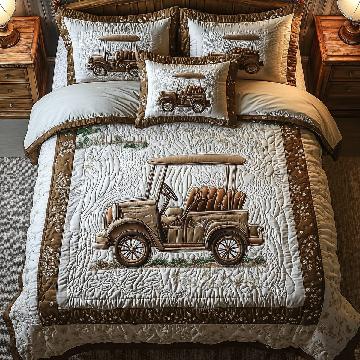 Vintage Golf Cart quilted 3-piece bedding set on a made bed in a farmhouse bedroom