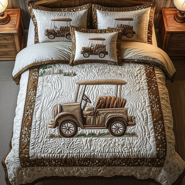 Vintage Golf Cart quilted 3-piece bedding set on a made bed in a farmhouse bedroom