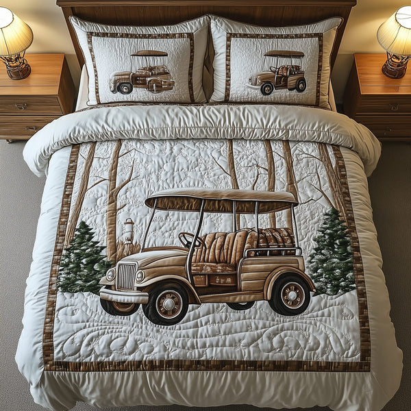 Vintage Golf Cart quilted 3-piece bedding set on a made bed in a farmhouse bedroom