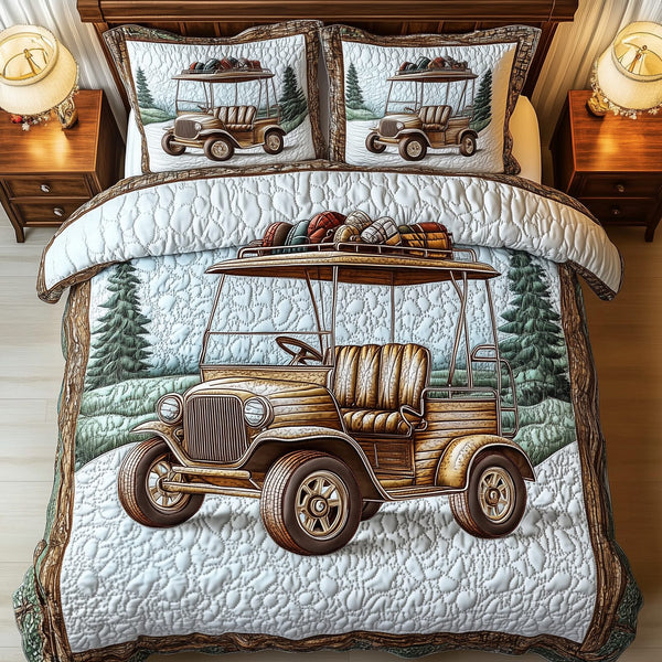 Vintage Golf Cart quilted 3-piece bedding set on a made bed in a farmhouse bedroom