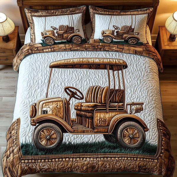 Vintage Golf Cart quilted 3-piece bedding set on a made bed in a farmhouse bedroom