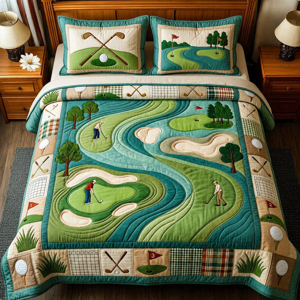 Vintage Golf Club quilted 3-piece bedding set on a made bed in a farmhouse bedroom