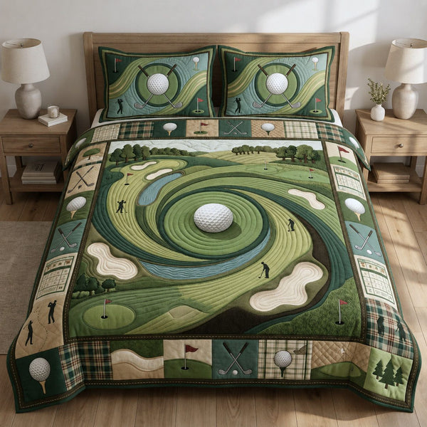 Vintage Golf Club quilted 3-piece bedding set on a made bed in a farmhouse bedroom