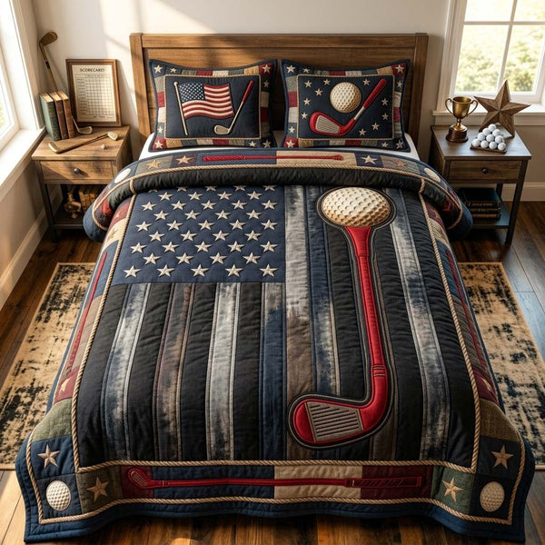 Vintage Golf Flag Dad quilted 3-piece bedding set on a made bed in a warmly lit bedroom