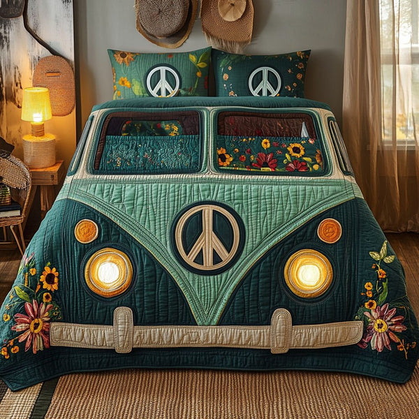 Vintage Green Camper quilted 3-piece bedding set on a made bed in a farmhouse bedroom