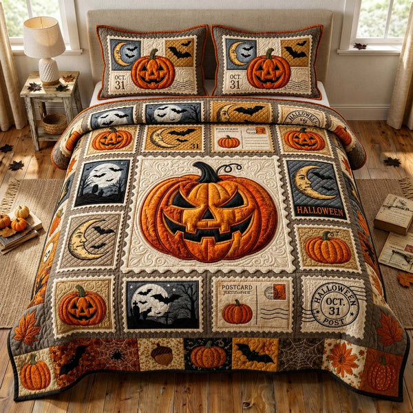 Vintage Halloween Post quilted 3-piece bedding set on a made bed against a dark styled interior