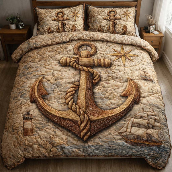 Vintage Harbor Anchor quilted 3-piece bedding set on a made bed in a light coastal bedroom