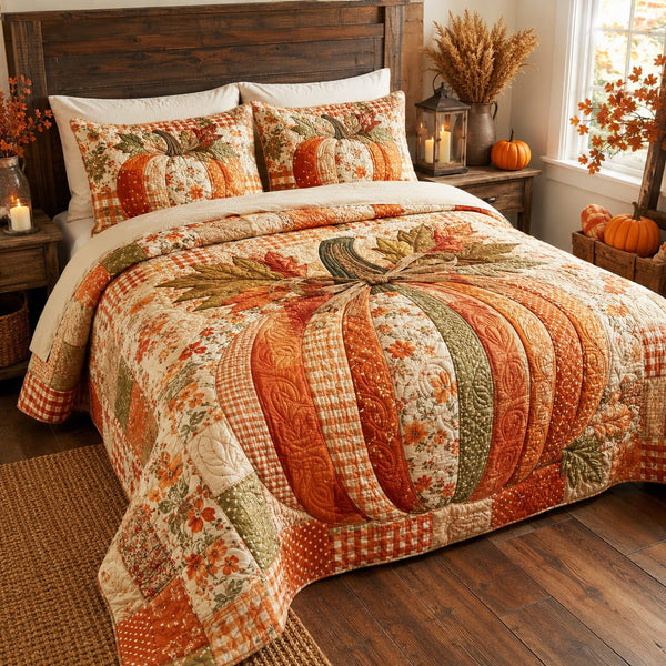 Vintage Harvest quilted 3-piece bedding set on a made bed in a farmhouse bedroom