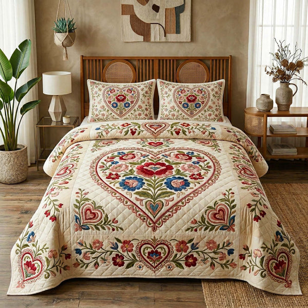 Vintage Heart quilted 3-piece bedding set on a made bed in a farmhouse bedroom