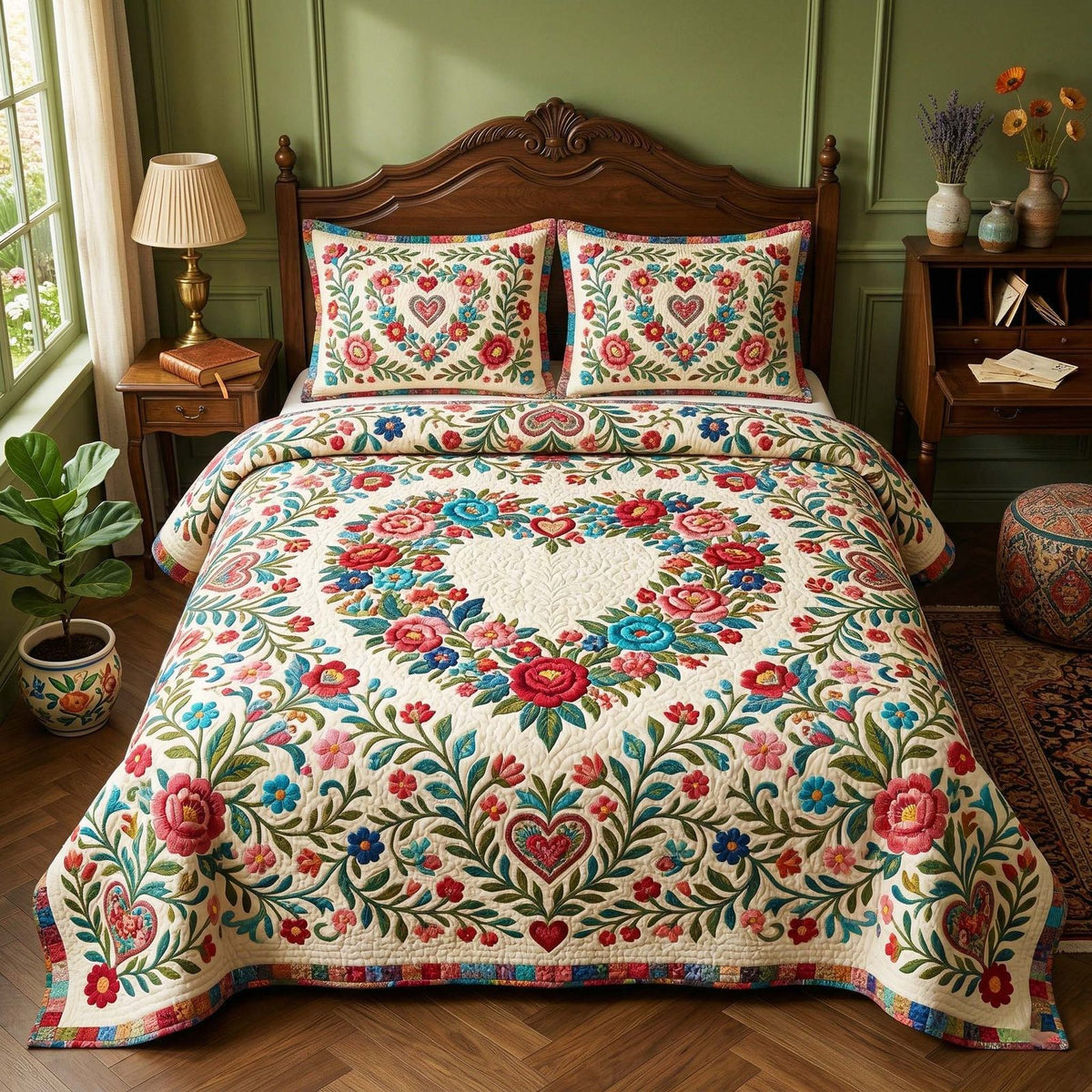 Vintage Heart quilted 3-piece bedding set on a made bed in a farmhouse bedroom