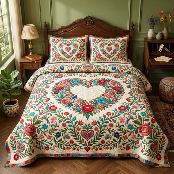 Vintage Heart quilted 3-piece bedding set on a made bed in a farmhouse bedroom