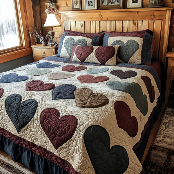 Vintage Heart quilted 3-piece bedding set on a made bed in a farmhouse bedroom