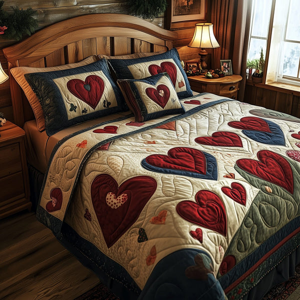 Vintage Heart quilted 3-piece bedding set on a made bed in a farmhouse bedroom
