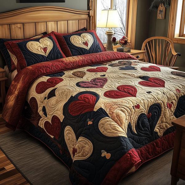 Vintage Heart quilted 3-piece bedding set on a made bed in a farmhouse bedroom