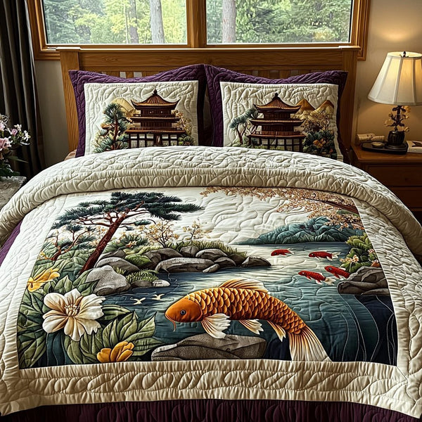 Vintage Japanese Koi quilted 3-piece bedding set on a made bed in a farmhouse bedroom