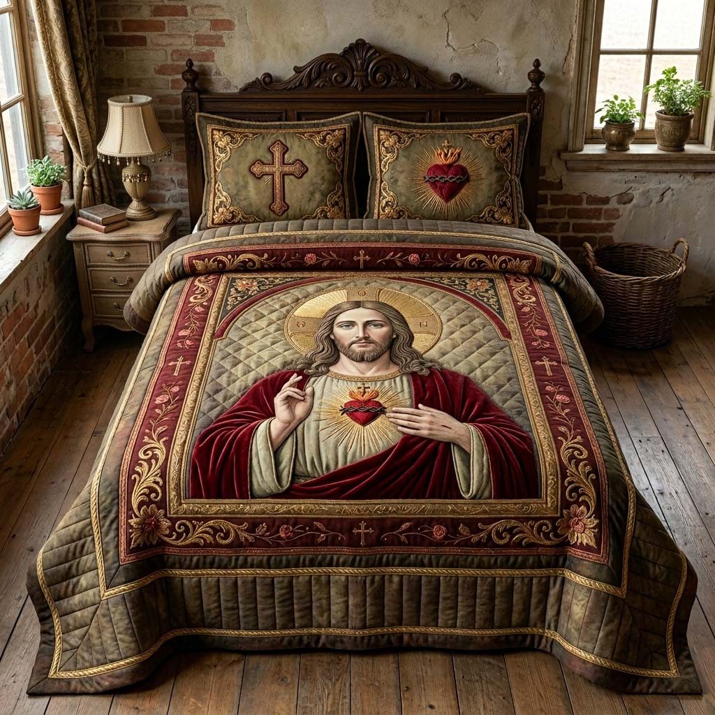 Vintage Jesus Devotion quilted 3-piece bedding set on a made bed in a softly lit bedroom