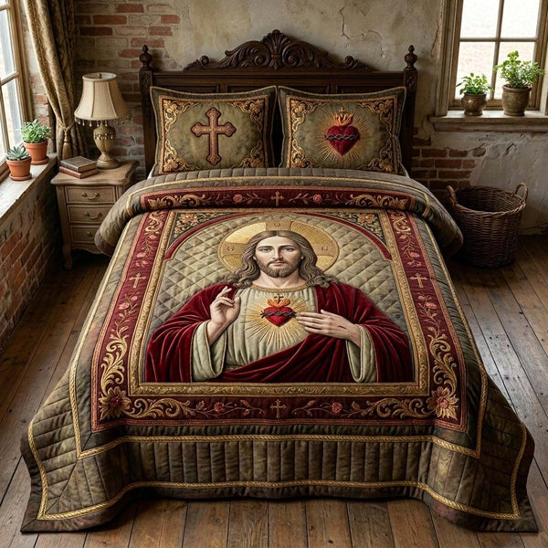 Vintage Jesus Devotion quilted 3-piece bedding set on a made bed in a softly lit bedroom