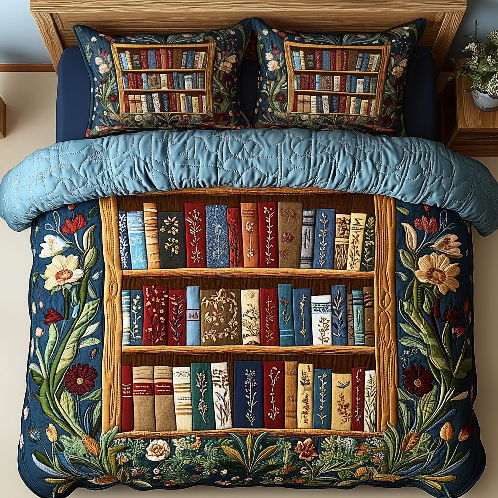 Vintage Library quilted 3-piece bedding set on a made bed in a farmhouse bedroom