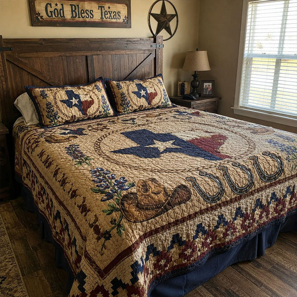 Vintage Lone Star quilted 3-piece bedding set on a made bed in a farmhouse bedroom