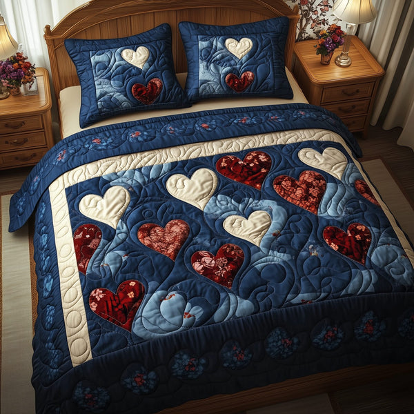 Vintage Love quilted 3-piece bedding set on a made bed in a farmhouse bedroom