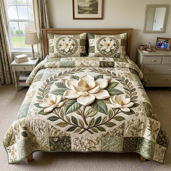 Vintage Magnolia quilted 3-piece bedding set on a made bed in a farmhouse bedroom