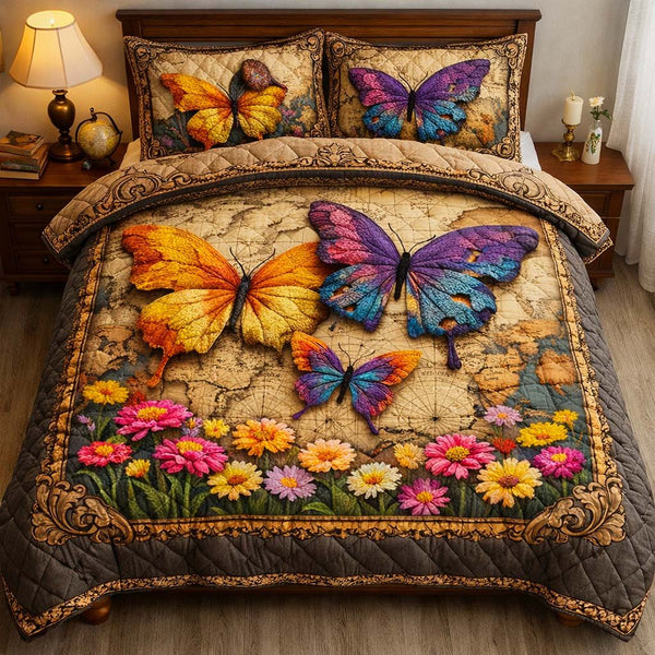 Vintage Map Butterflies quilted 3-piece bedding set on a made bed in a farmhouse bedroom