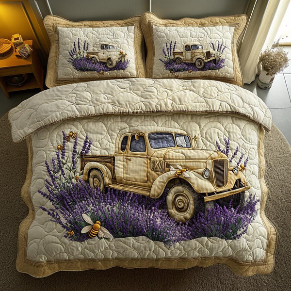 Vintage Meadow quilted 3-piece bedding set on a made bed in a farmhouse bedroom