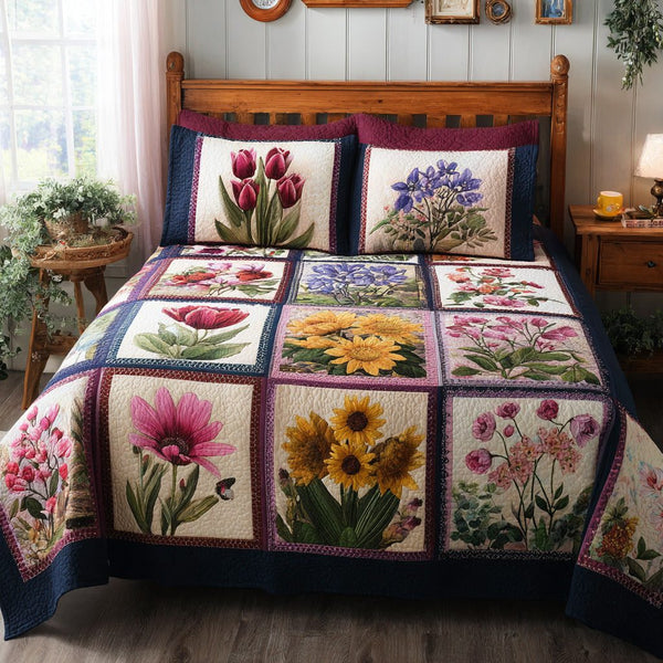 Vintage Meadow quilted 3-piece bedding set on a made bed in a farmhouse bedroom